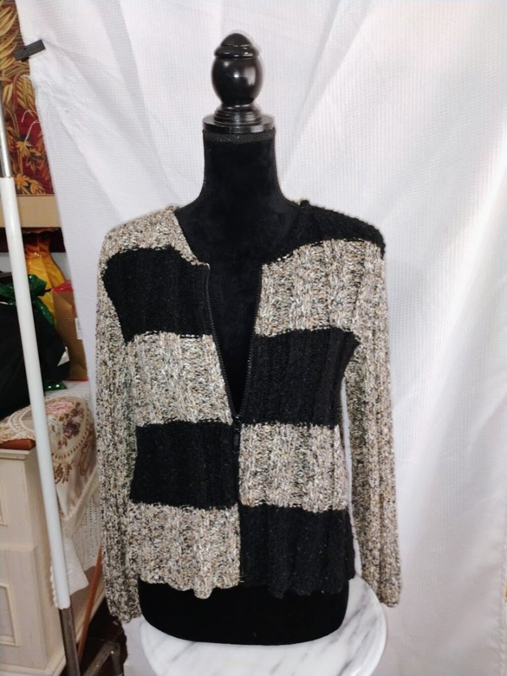 Erik Stewart Colorblock Striped Chunky Knit Zip Sweater Cardigan Large